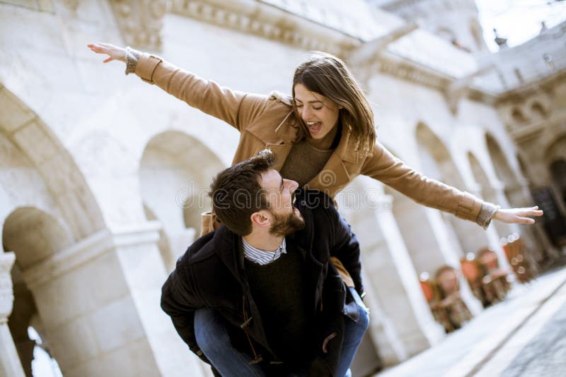 Loving Couple Walking And Having Fun In Budapest Hungary Stock Image