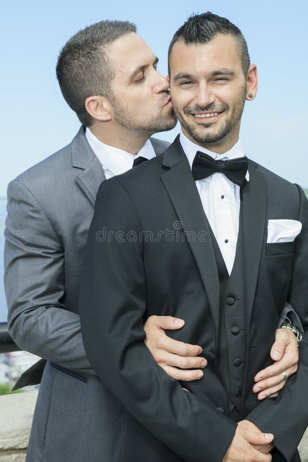 Loving Gay Male Couple Their Wedding Day Portrait Sky Back 50997636 