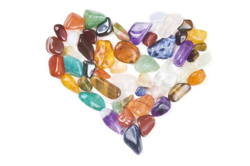 Loving Gems - Luxury heart shape made of mixed semi-precious gem stones on white background with shadow. Design element for love