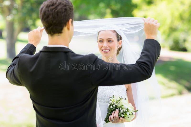 Loving Groom Lifting Veil of Bride Stock Image Image of elegant
