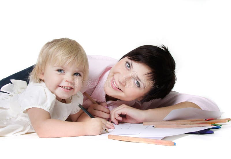 Loving mother and daughter over white