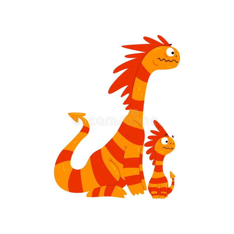 Loving mother dragon and her baby, cute striped winged dragons, fantasy mythical animals cartoon characters vector vector illustration
