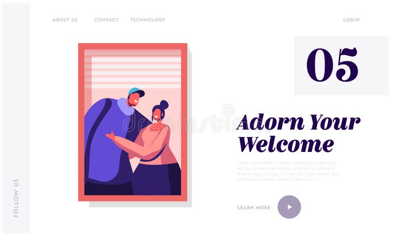 Loving Relations Website Landing Page. Happy Couple Hugging Each Other Standing at Open Window stock illustration Loving Relations Website Landing Page. Happy Couple Hugging Each Other Standing at Open Window stock illustration