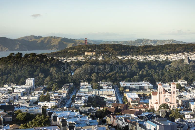 Low aerial view of Inner Sunset and Richmond districts of San Francisco with Golden Gate Bridge in Background