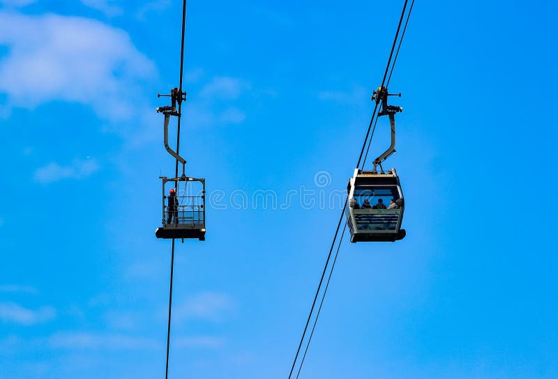 Low Angle of the Cable Cars with People Inside Watching a Landscape from the Height Under a Blue