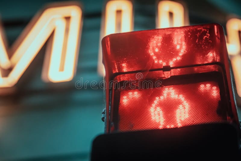 Low angle closeup shot of a traffic light showing a red pedestrian sign stock photography Low angle closeup shot of a traffic light showing a red pedestrian sign stock photography