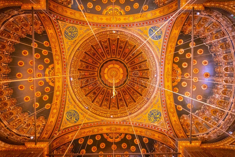 Low Angle Shot of the Alabaster Mosque Ceiling Surrounded by Lights in