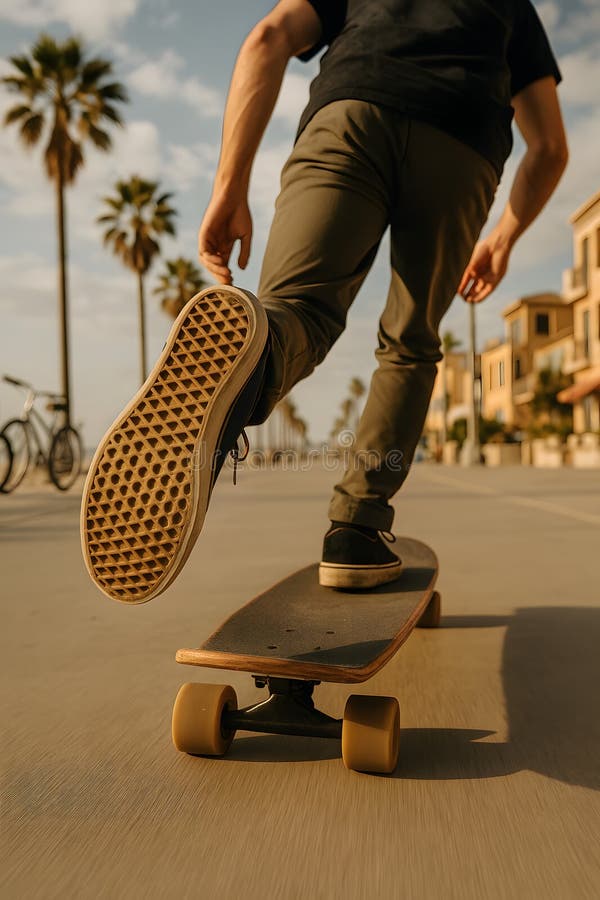 Low-angle shot of a person skateboarding on a paved path with palm trees stock illustration