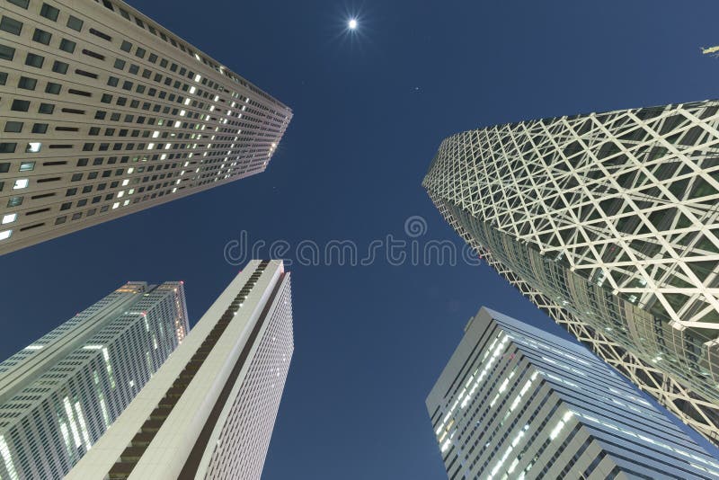 Low angle shot of skyscrapers at night, Shinjuku