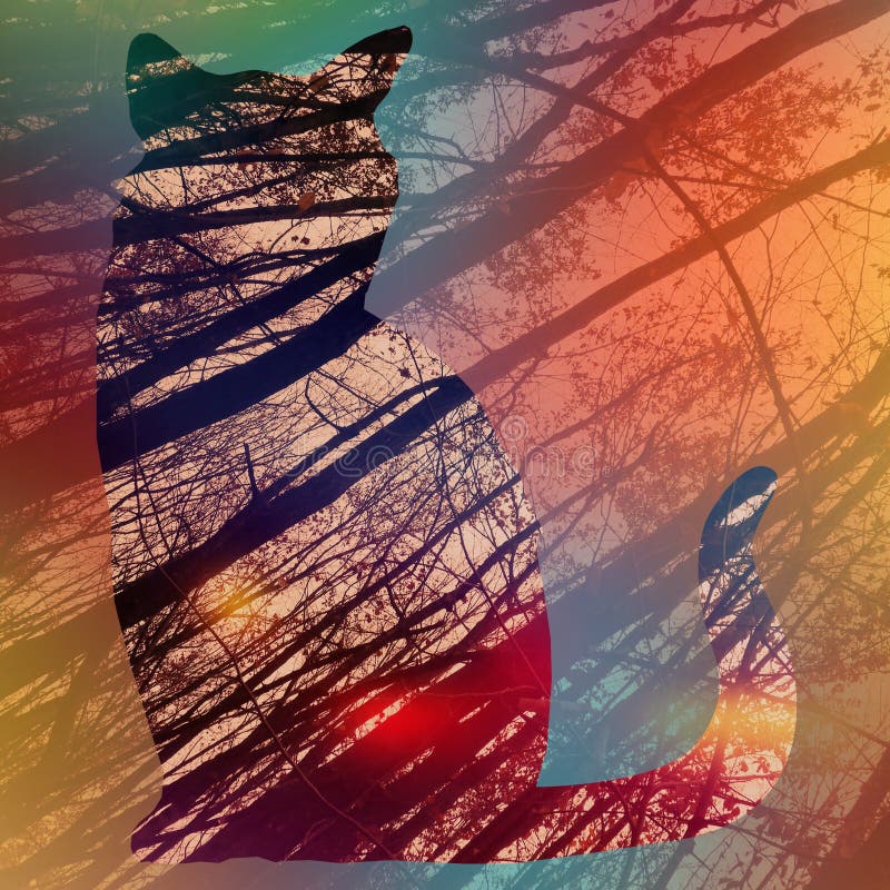 Low angle shot of tall dry trees with a colorful outline of a cat on it vector illustration