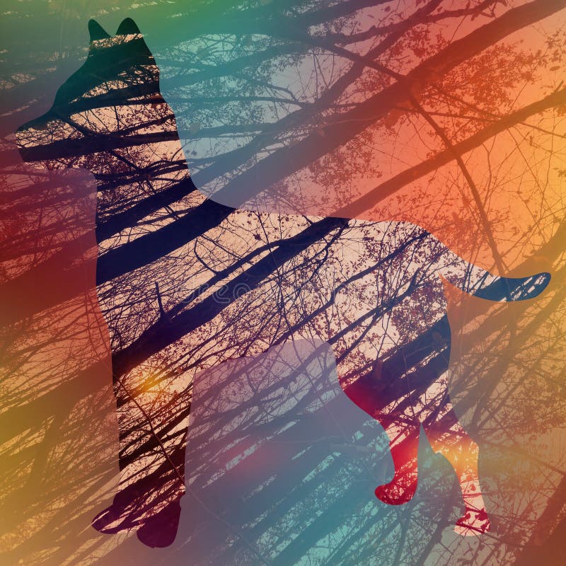 Low angle shot of tall dry trees with a colorful outline of a dog on it vector illustration