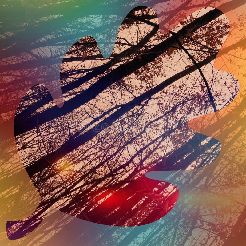Low angle shot of tall dry trees with a colorful outline of a leaf on it stock illustration