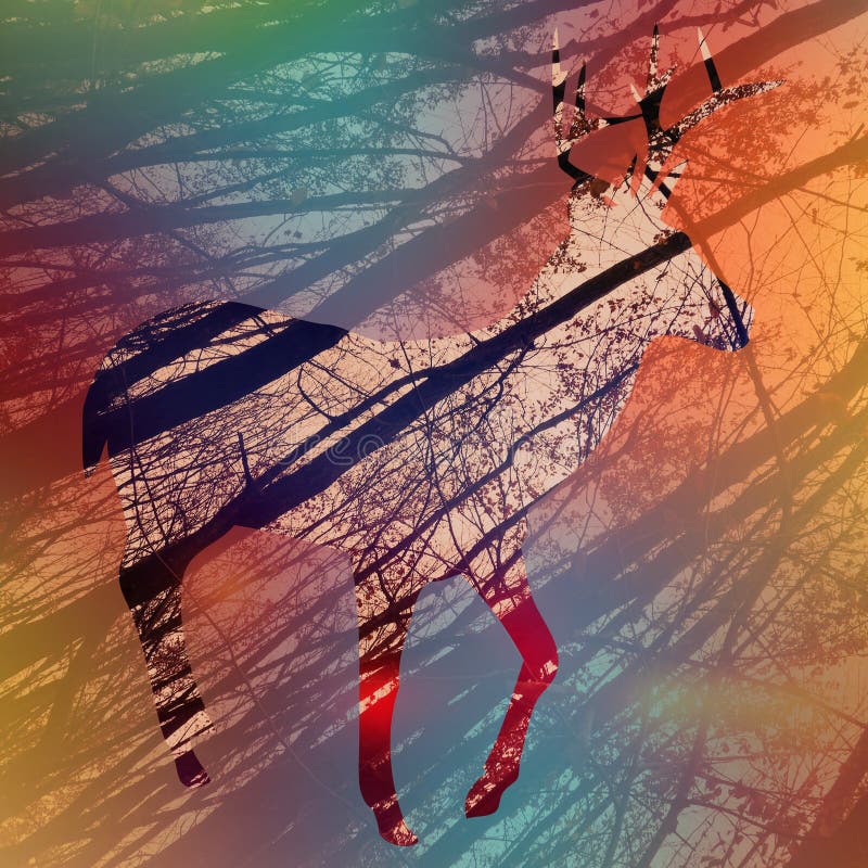 Low angle shot of tall dry trees with a colorful outline of a reindeer on it vector illustration
