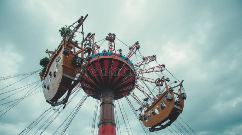 A low-angle shot of a vibrant carousel ride featuring ship-shaped gondolas suspended from a central rotating structure vector illustration