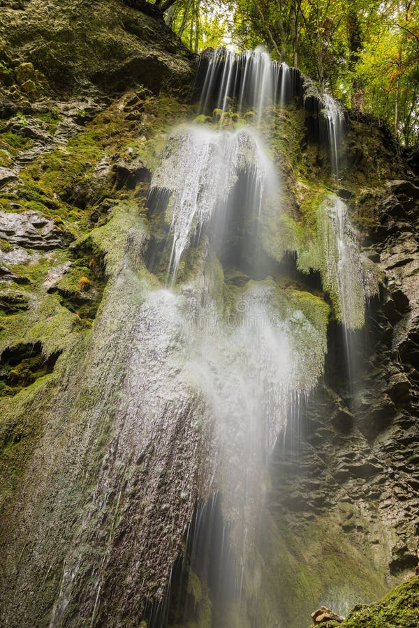 Small forest waterfall in Gorges de la Jogne river canyon in Broc,  Switzerland Stock Photo