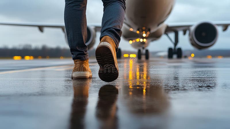 Low angle view of a pilot walking confidently on a wet tarmac, heading towards a commercial airplane after a refreshing royalty free stock photo