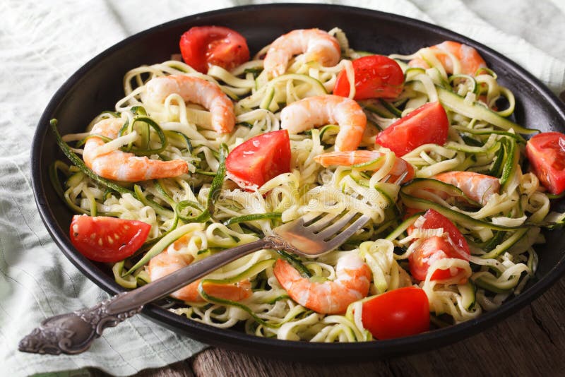 Low Calorie Zucchini Pasta with Shrimp Macro Horizontal Stock Image Image of healthy, green