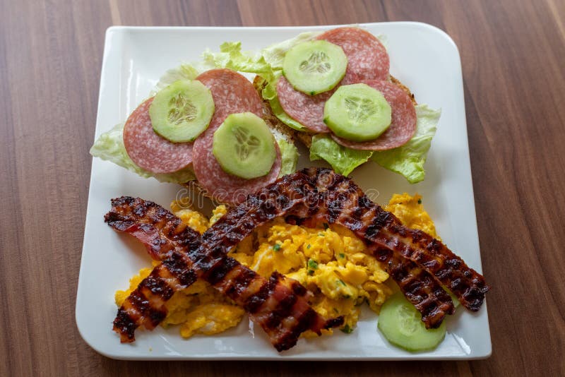 Low Carb Breakfast Whit Bacon and Scrambled Stock Photo Image of