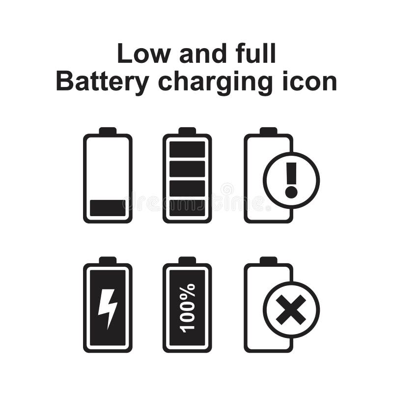 Low and Full Battery Charging Icon Template Black Color Editable. Low and Full Battery Charging