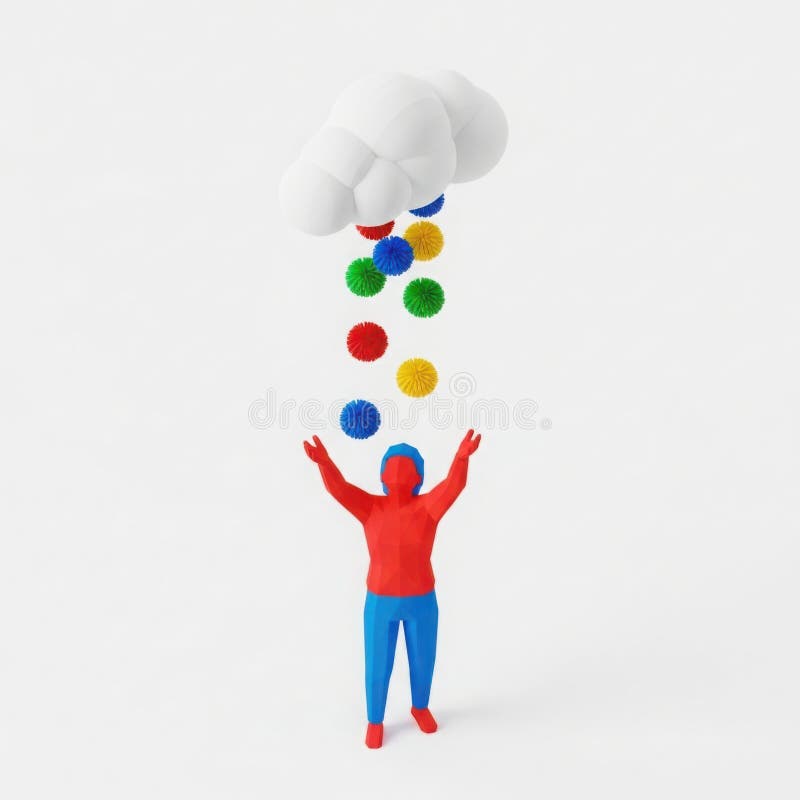 A low poly abstract figure standing with outstretched arms below a fluffy white cloud The cloud is raining colorful spiky balllike objects down onto the person This image represents fortune luck rewards receiving gifts or a positive outcome The background is plain white. Fortune raining illustrations