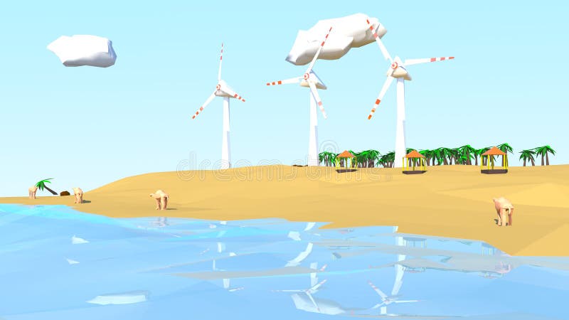 Low poly beach scene with camel and windmills