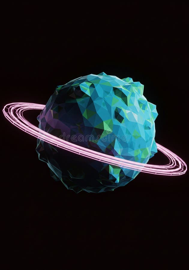 A low-poly, computer-generated image of a planet with an angular, faceted surface in stock illustration