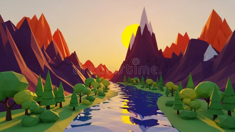 Low poly 3D landscape with river flowing through forested mountains at sunset stock illustration