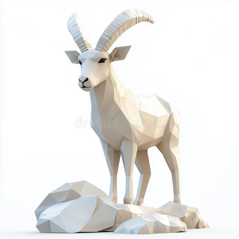 Low Poly: A low poly 3D model of an ibex on a white background royalty free illustration