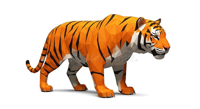 Low-poly 3D model of a tiger with geometric shapes, displaying an angular body. royalty free illustration