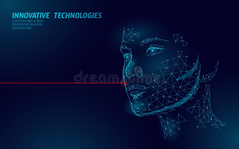 Low poly female human face laser skin treatment. Rejuvenation procedure beauty salon care. Clinic medicine cosmetology