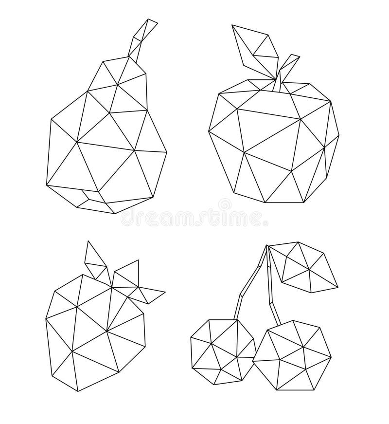 Low poly fruit set isolated on white. Decorative geometric triangle apple, cherry, pear and strawberry. royalty free illustration