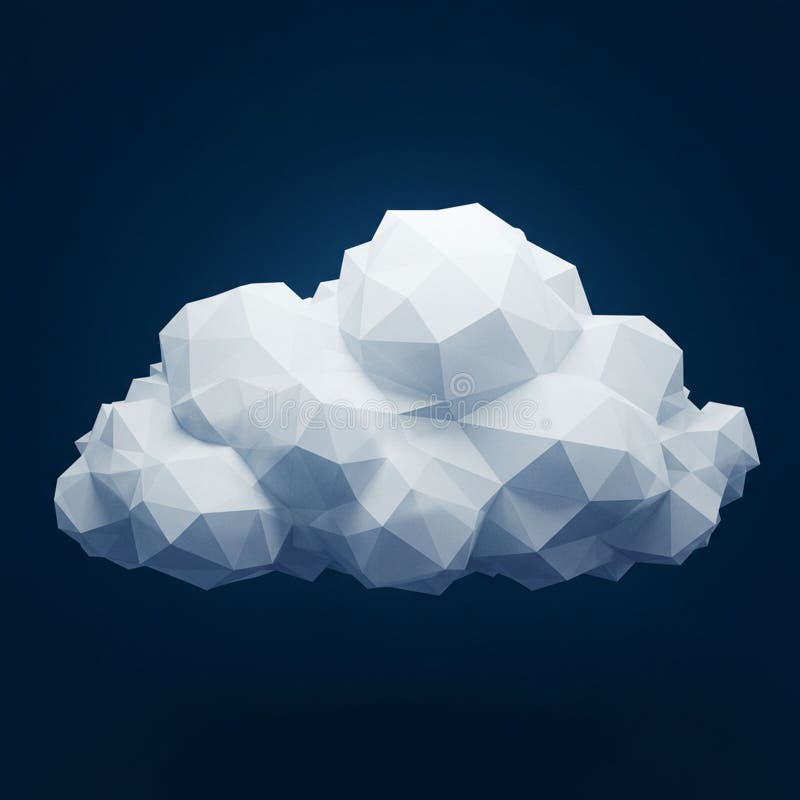 Low-poly, geometric 3D model of a cloud on a dark blue background. Composed of stock illustration