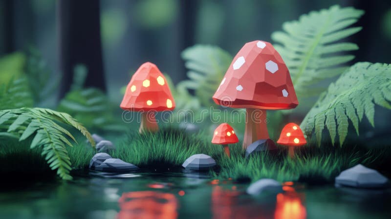 Low Poly Glowing Mushrooms in Dark Forest royalty free illustration