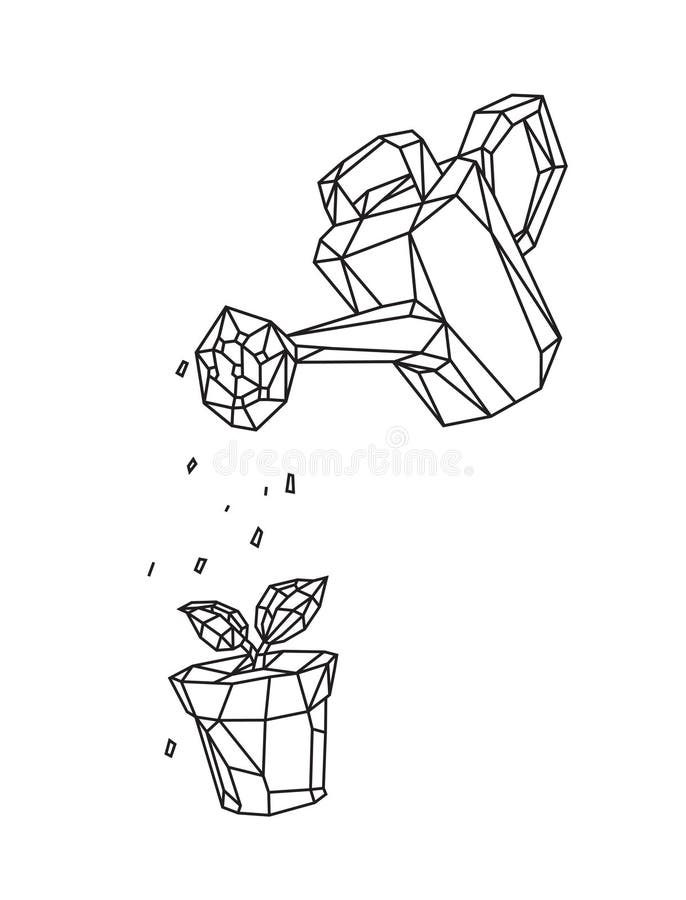 Low poly illustration of a watering can watering a plant in a pot. Vector. Outline drawing. Retro style. Background, symbol, stock illustration Low poly illustration of a watering can watering a plant in a pot. Vector. Outline drawing. Retro style. Background, symbol, stock illustration
