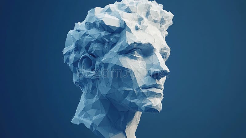 Low-poly male head sculpture, profile view, blue background, digital art, concept vector illustration