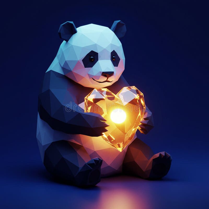 A low-poly panda figurine with a geometric design holds a glowing heart-shaped royalty free illustration