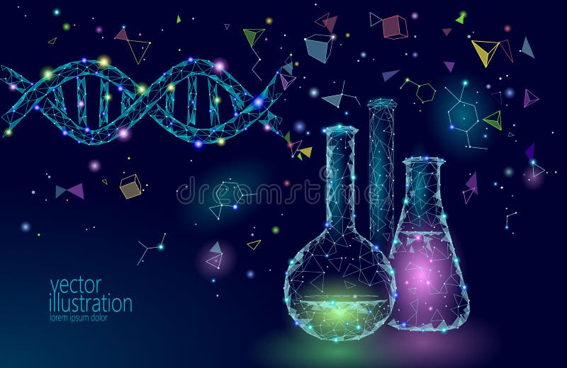 Low poly science chemical glass flasks. Magical equipment polygonal triangle blue glowing research future technology stock illustration