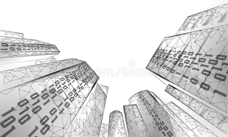 Low poly smart city 3D wire mesh. Intelligent building automation system business concept. Binary code number data flow royalty free illustration Low poly smart city 3D wire mesh. Intelligent building automation system business concept. Binary code number data flow royalty free illustration