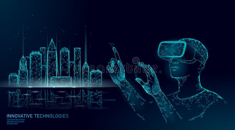 Low poly smart city intelligent building automation. VR helmet augmented reality visualize creation concept vector illustration