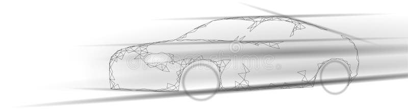 Low poly sport car on dark background. Fast speed highway automobile innovative technology 3D render. Black white ray royalty free illustration