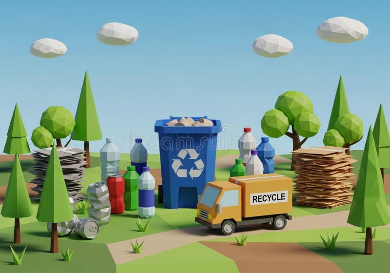 Low-poly style scene features a blue recycling bin with a white recycling symbol, surrounded by vector illustration