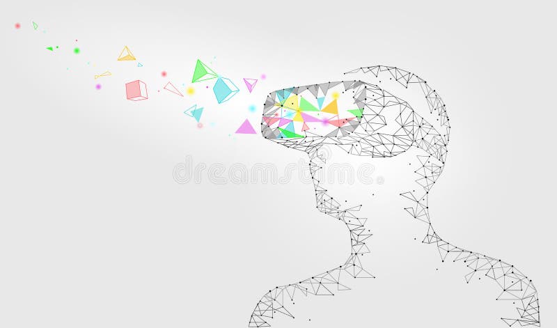 Low poly virtual reality helmet. Future innovation technology fantasy. Polygonal triangle connected dots geometric point vector illustration