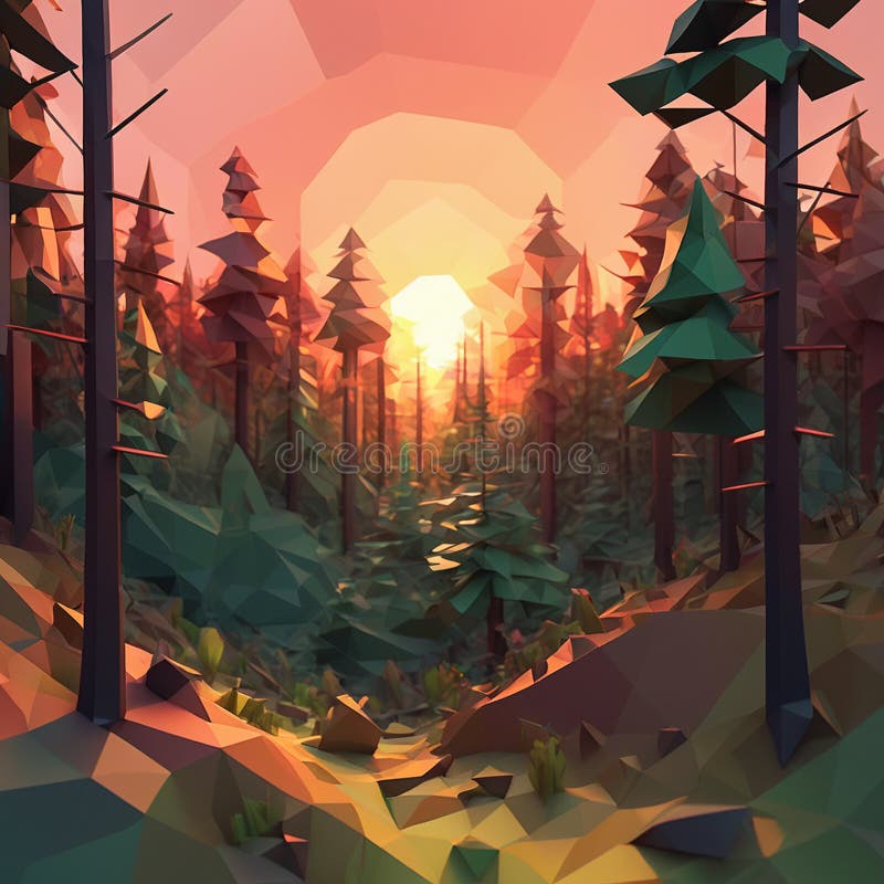 A low polygon image of the forest during a beautiful sunset - generated by ai royalty free illustration