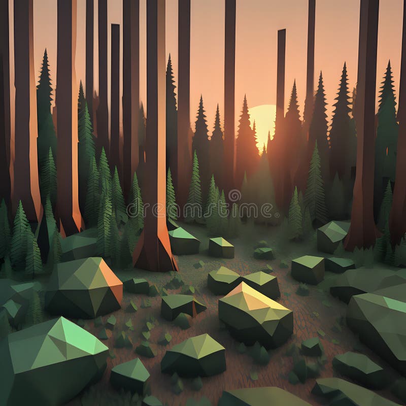 A low polygon image of the forest during a beautiful sunset - generated by ai stock illustration