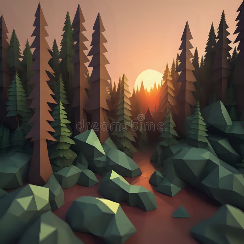 A low polygon image of the forest during a beautiful sunset - generated by ai stock illustration