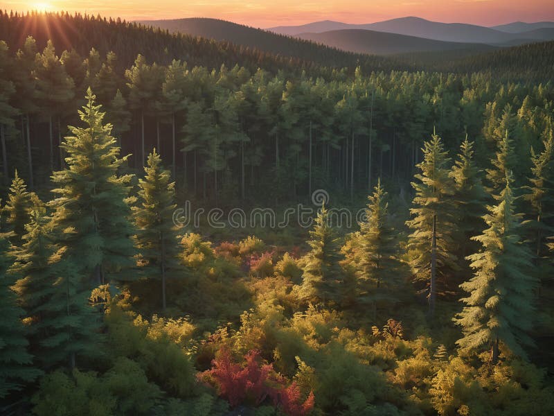 A low polygon image of the forest during a beautiful sunset - generated by ai royalty free illustration