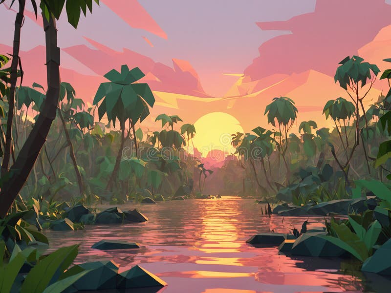 A low polygon image of the jungle during a beautiful sunset - generated by ai stock illustration