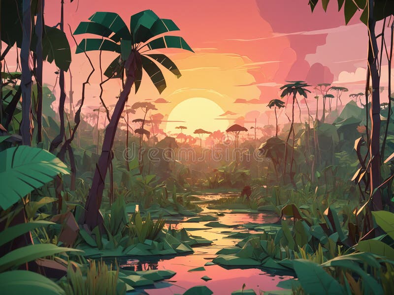 A low polygon image of the jungle during a beautiful sunset - generated by ai vector illustration