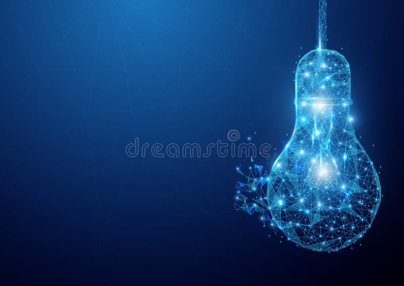 Low polygon light bulb wireframe mesh hanging on blue background