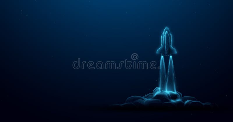Low polygonal wireframe style Rocket launch. Business startup concept form lines, triangles, and particle-style designs. stock illustration